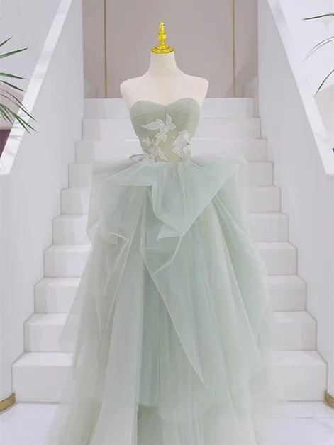 Sweetheart Light Green A-line Off Shoulder Tulle Long Prom Dress  Party Dress