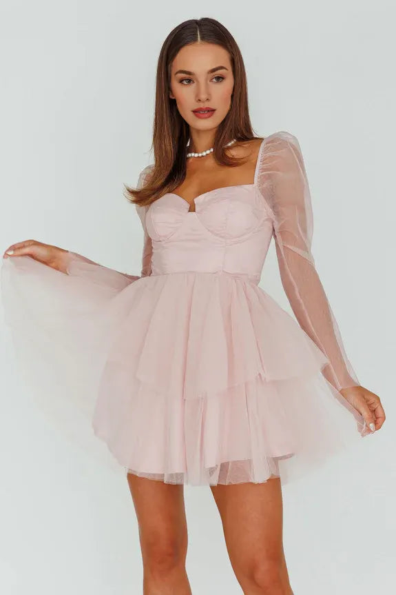 Sweetheart Long Sleeve Corset Tiered Tulle White Mini Homecoming Dress