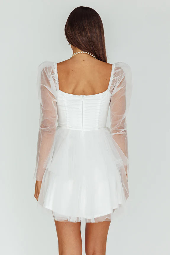 Sweetheart Long Sleeve Corset Tiered Tulle White Mini Homecoming Dress