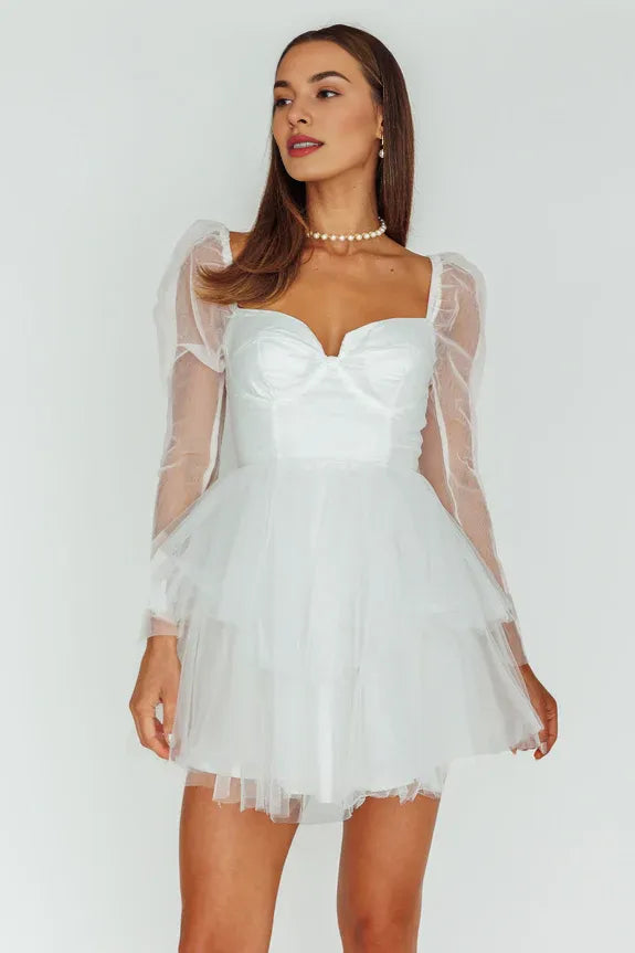 Sweetheart Long Sleeve Corset Tiered Tulle White Mini Homecoming Dress