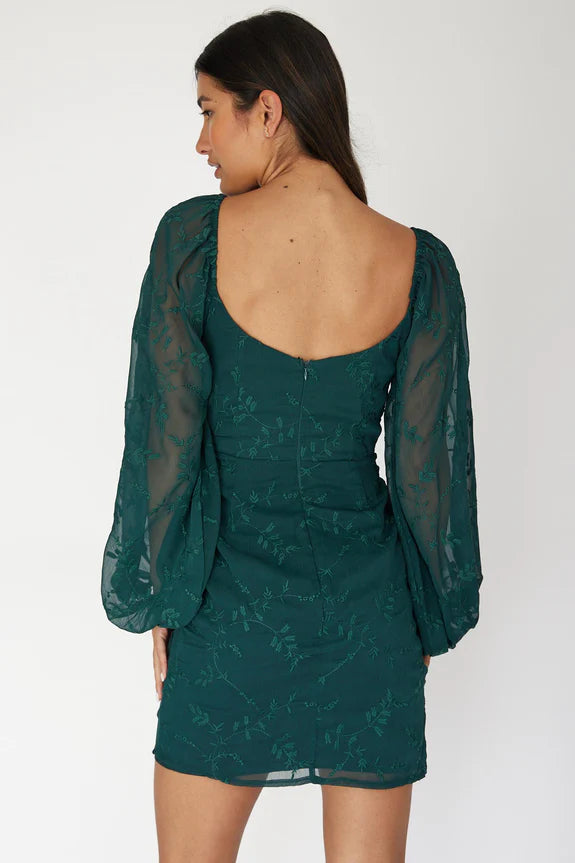 Sweetheart Long Sleeve Embroidered Forest Green Mini Homecoming Dress