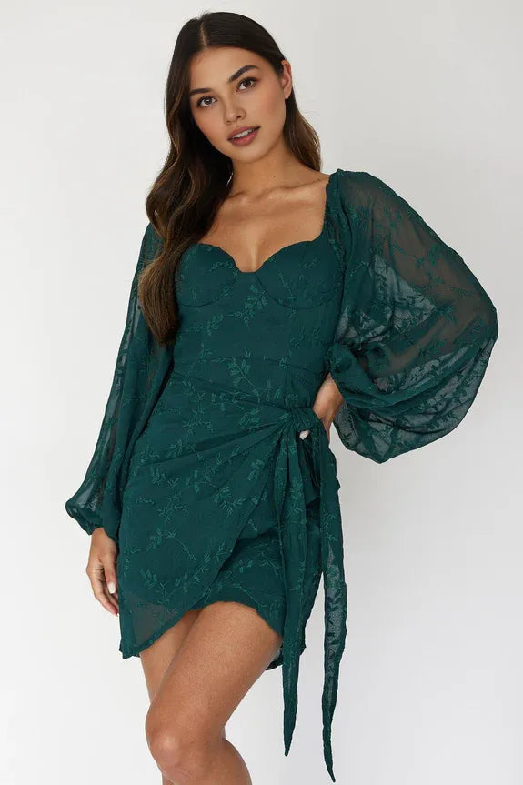 Sweetheart Long Sleeve Embroidered Forest Green Mini Homecoming Dress