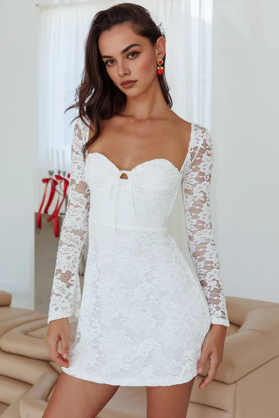 Sweetheart Long Sleeve Keyhole Tied Lace White Mini Homecoming Dress