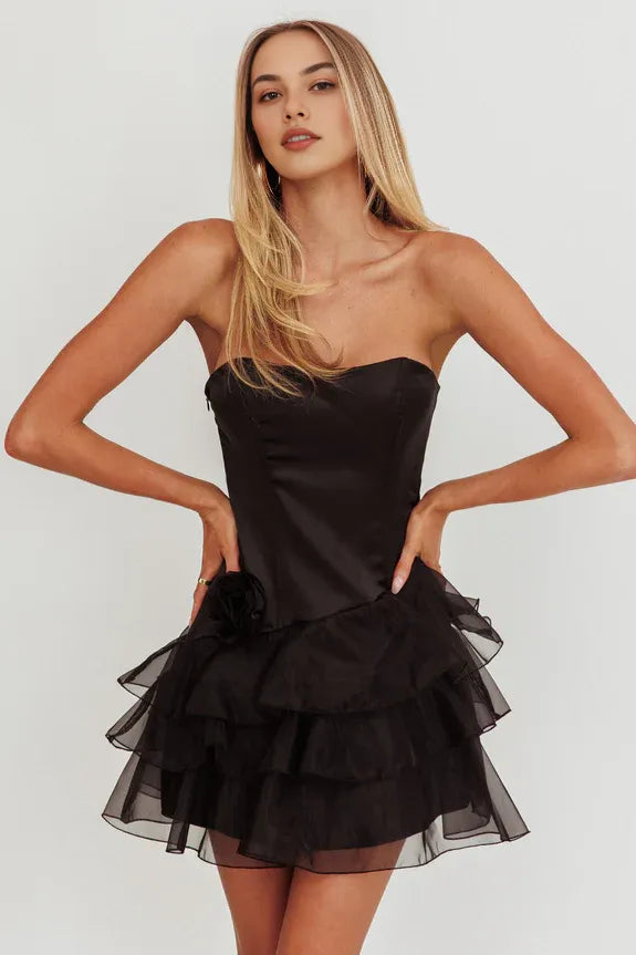 Sweetheart Neck Strapless Organza Ruffle Tiered Black Mini Homecoming Dress