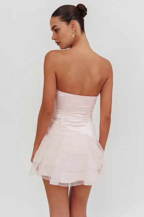 Sweetheart Neck Strapless Organza Ruffle Tiered Blush Mini Homecoming Dress