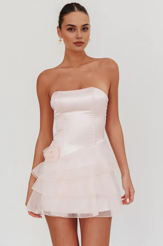 Sweetheart Neck Strapless Organza Ruffle Tiered Blush Mini Homecoming Dress