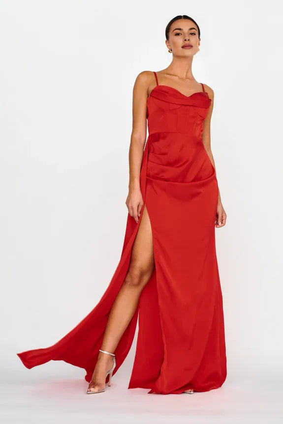 Sweetheart Neckline Corset Split Satin Red Maxi Evening Dress Prom Dress