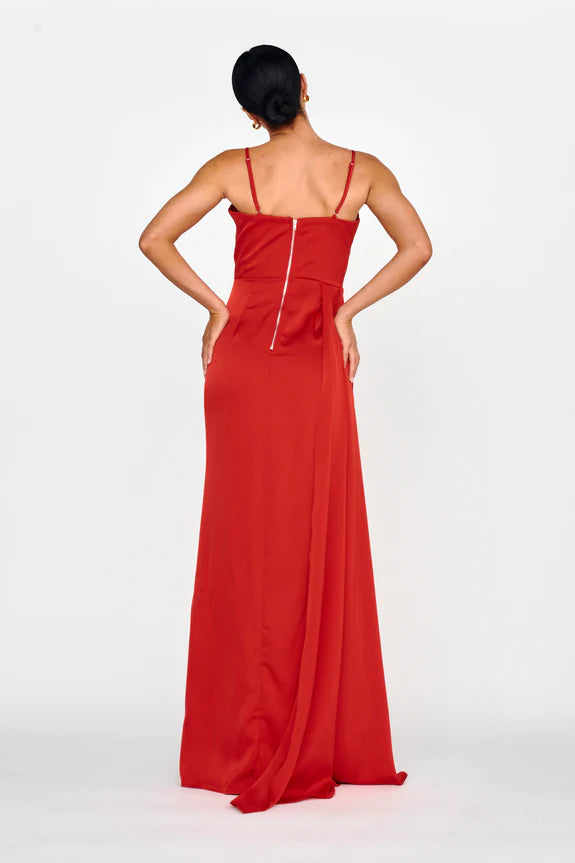 Sweetheart Neckline Corset Split Satin Red Maxi Evening Dress Prom Dress