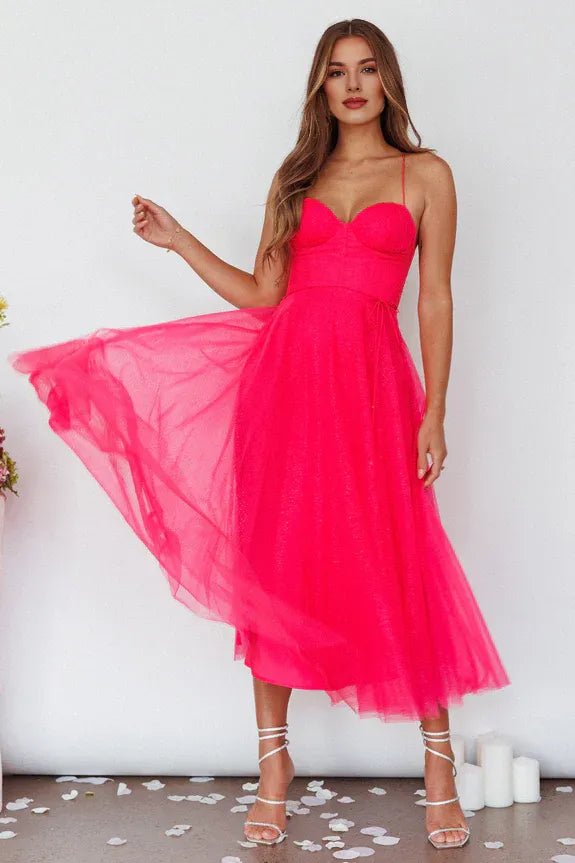 Sweetheart Neckline Spaghetti Straps Chiffon Champagne Midi Evening Dress