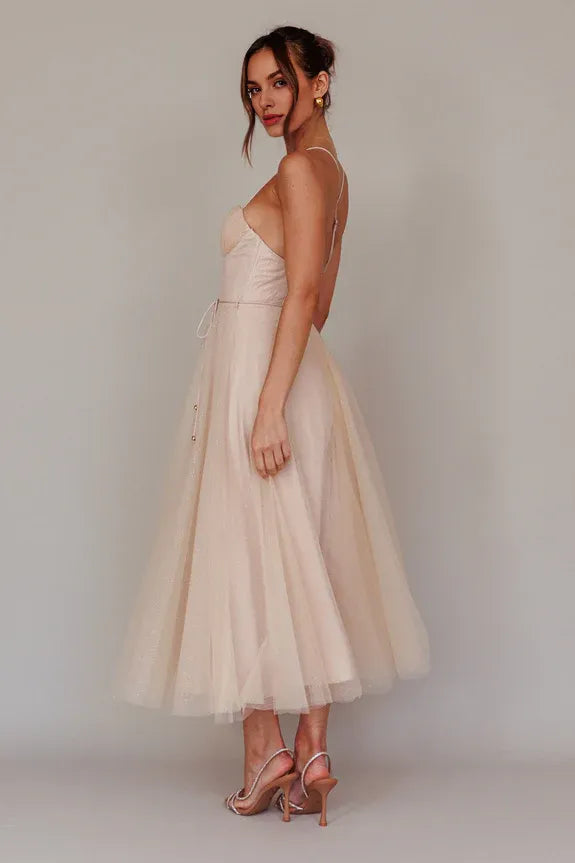 Sweetheart Neckline Spaghetti Straps Chiffon Champagne Midi Evening Dress