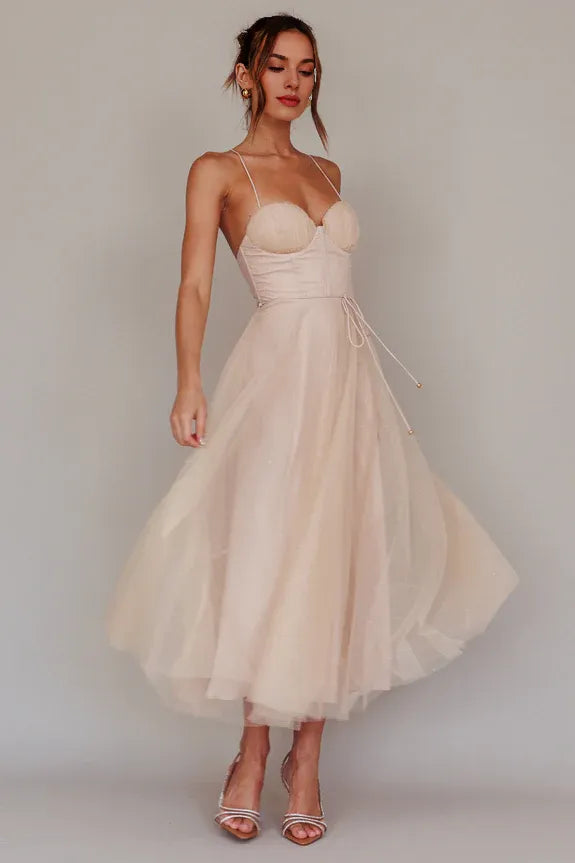 Sweetheart Neckline Spaghetti Straps Chiffon Champagne Midi Evening Dress