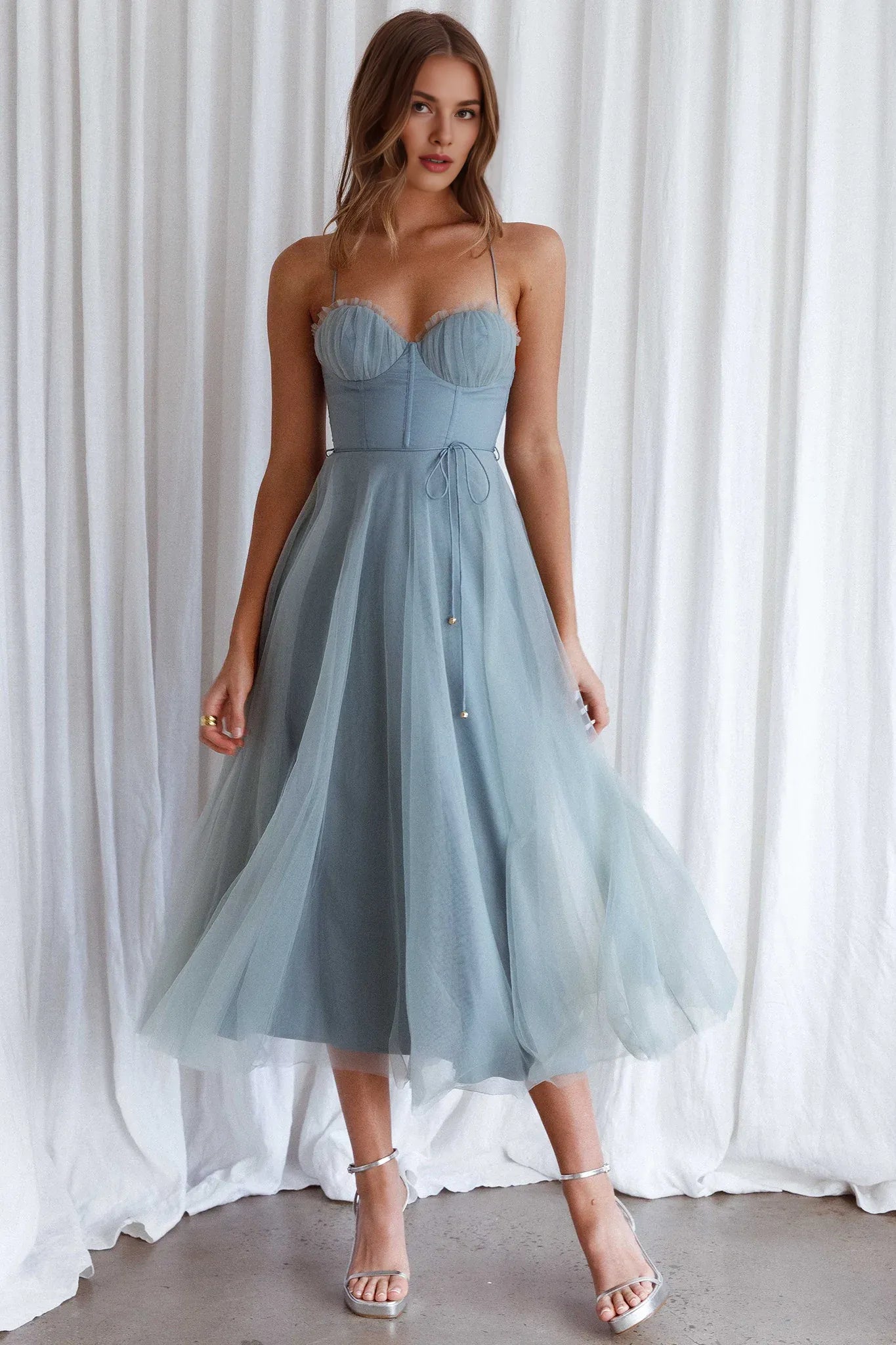 Sweetheart Neckline Spaghetti Straps Chiffon Sage Midi Evening Dress