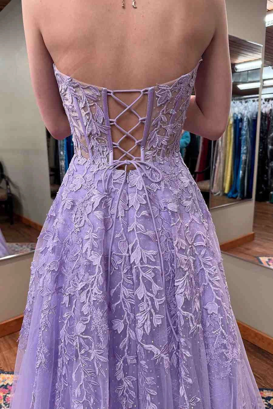 Sweetheart Off-the-shoulder Lilac A-line Lace Applique High-waist Tulle Long Ball Gown