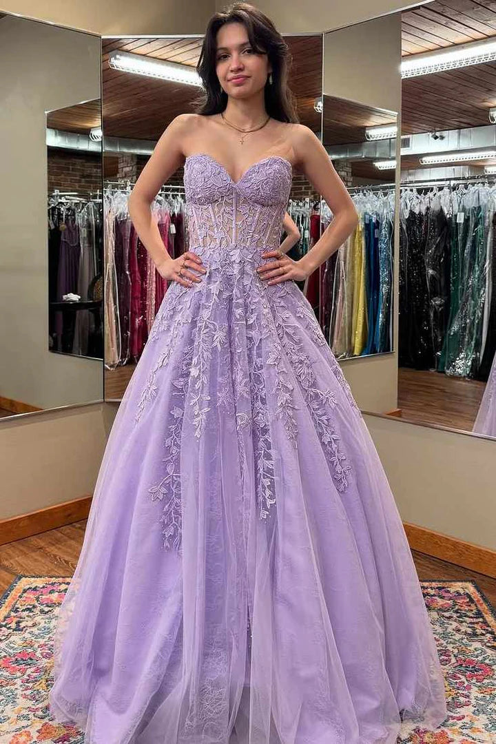Sweetheart Off-the-shoulder Lilac A-line Lace Applique High-waist Tulle Long Ball Gown