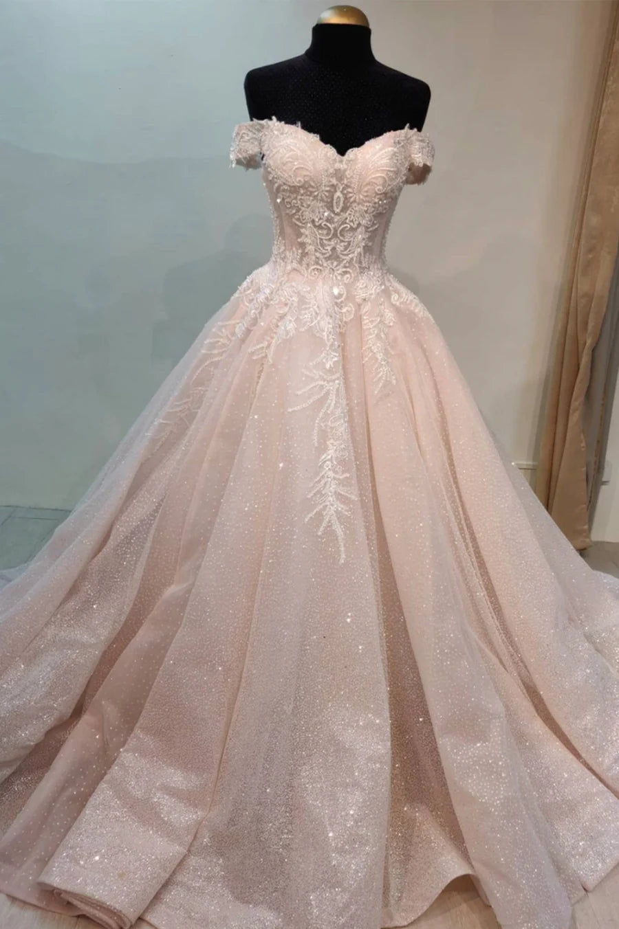Sweetheart Pink Tulle Lace With Beaded A-Line Long Prom Dresses Wedding Dress