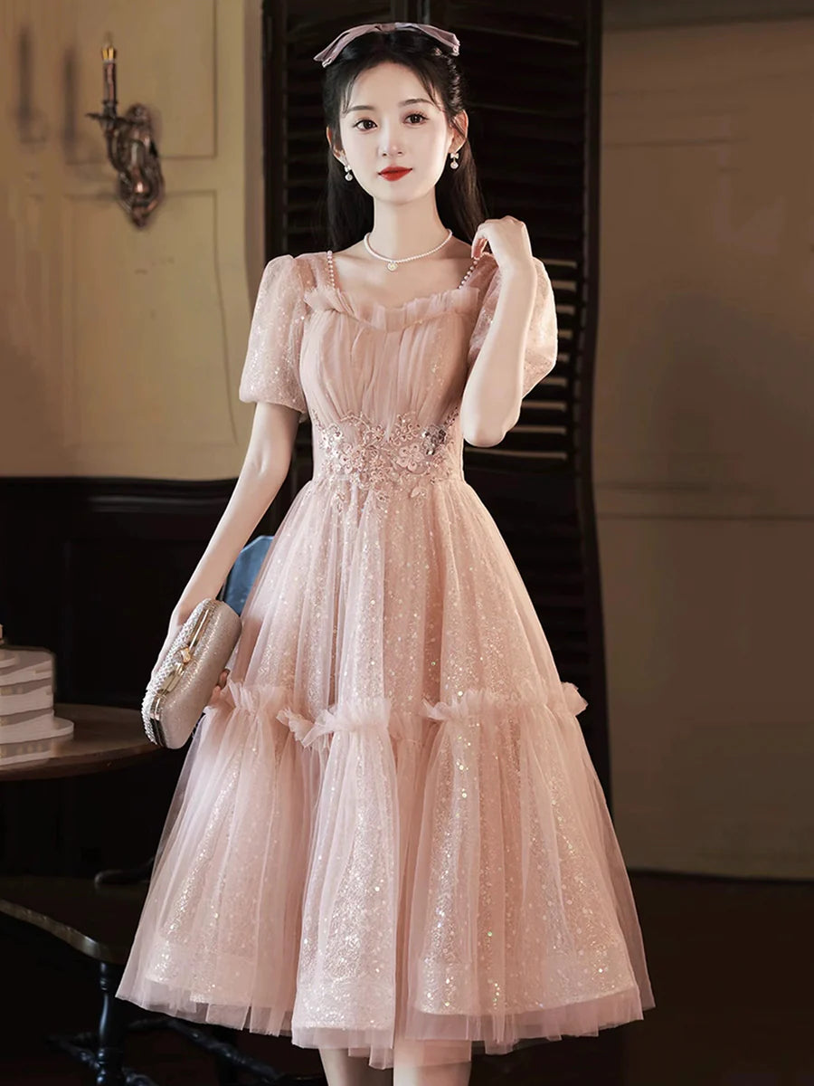 Sweetheart Pink Tulle Sequins With Applique Short Sleeve Prom Dress Party Dress