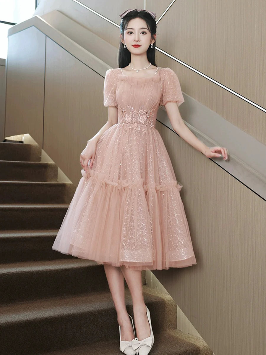 Sweetheart Pink Tulle Sequins With Applique Short Sleeve Prom Dress Party Dress