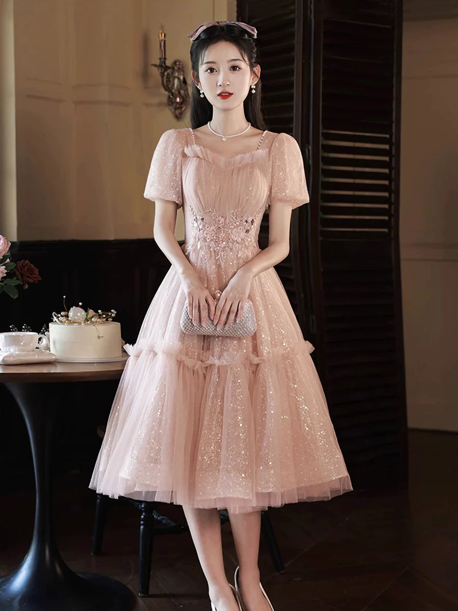 Sweetheart Pink Tulle Sequins With Applique Short Sleeve Prom Dress Party Dress