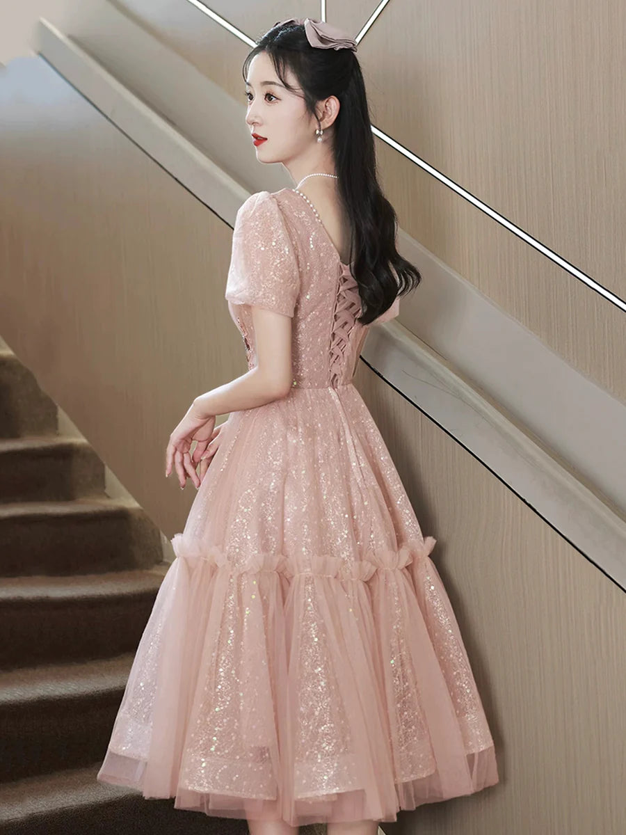 Sweetheart Pink Tulle Sequins With Applique Short Sleeve Prom Dress Party Dress