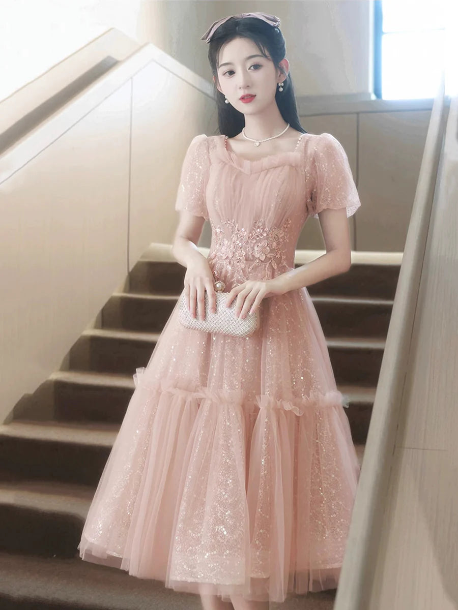 Sweetheart Pink Tulle Sequins With Applique Short Sleeve Prom Dress Party Dress