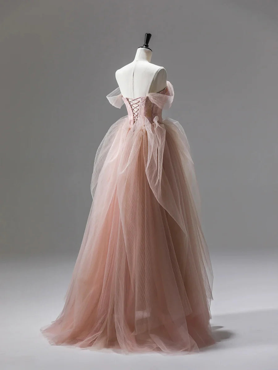 Sweetheart Pink Tulle Straps A-Line Long Prom Dress Evening Party Dress