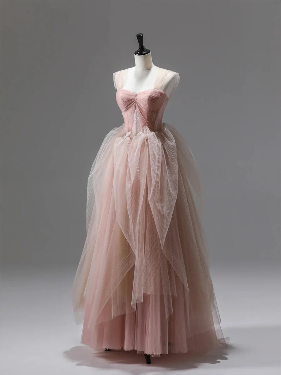 Sweetheart Pink Tulle Straps A-Line Long Prom Dress Evening Party Dress