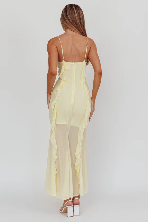 Sweetheart Ruffle Lemon Maxi Homecoming Dress Prom Dress With Front Slit