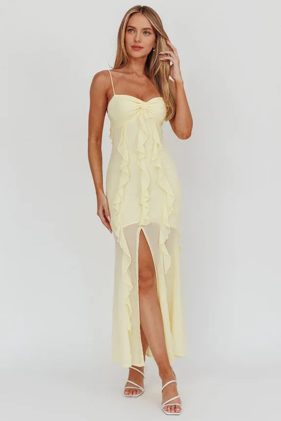 Sweetheart Ruffle Lemon Maxi Homecoming Dress Prom Dress With Front Slit