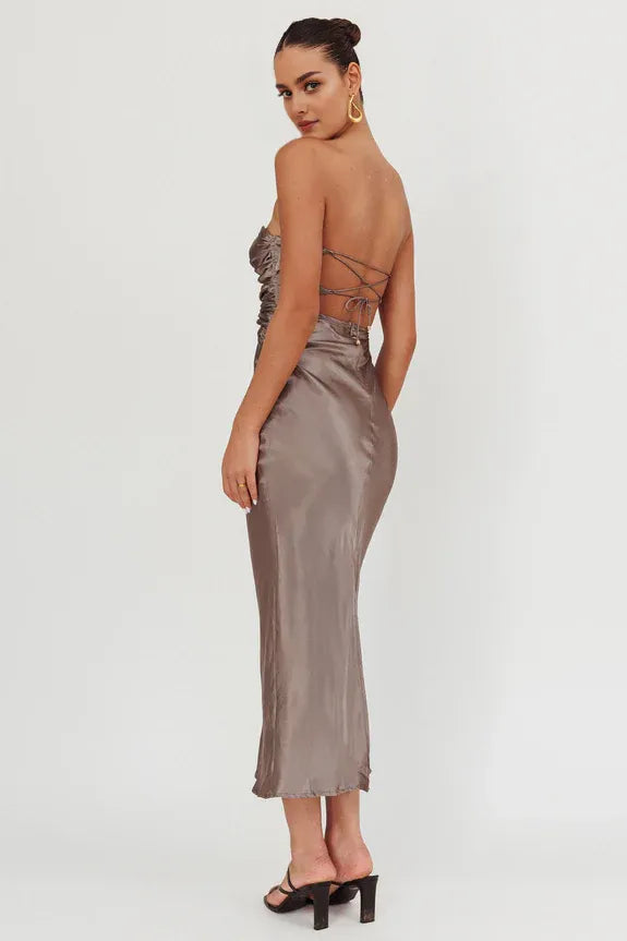 Sweetheart Sleeveless Double Twist Charcoal Midi Homecoming Dress Prom Dress