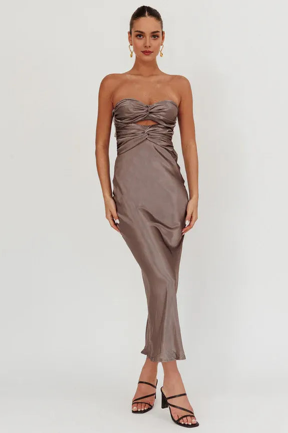 Sweetheart Sleeveless Double Twist Charcoal Midi Homecoming Dress Prom Dress