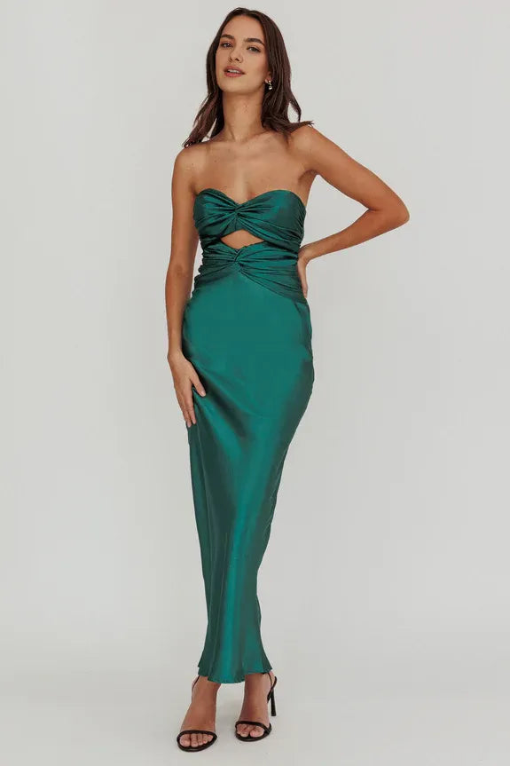 Sweetheart Sleeveless Double Twist Forest Green Midi Homecoming Dress Prom Dress