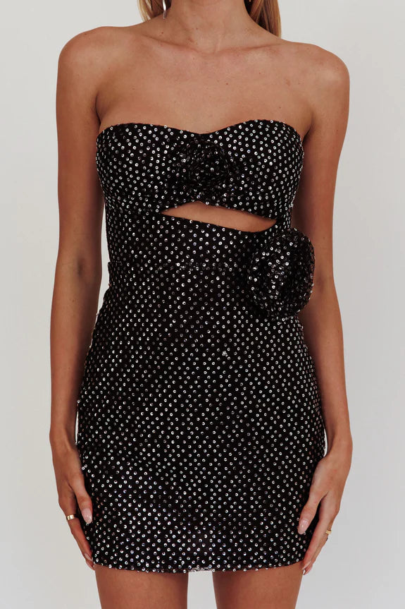 Sweetheart Sleeveless Rose Keyhole Sequin Black Mini Homecoming Dress