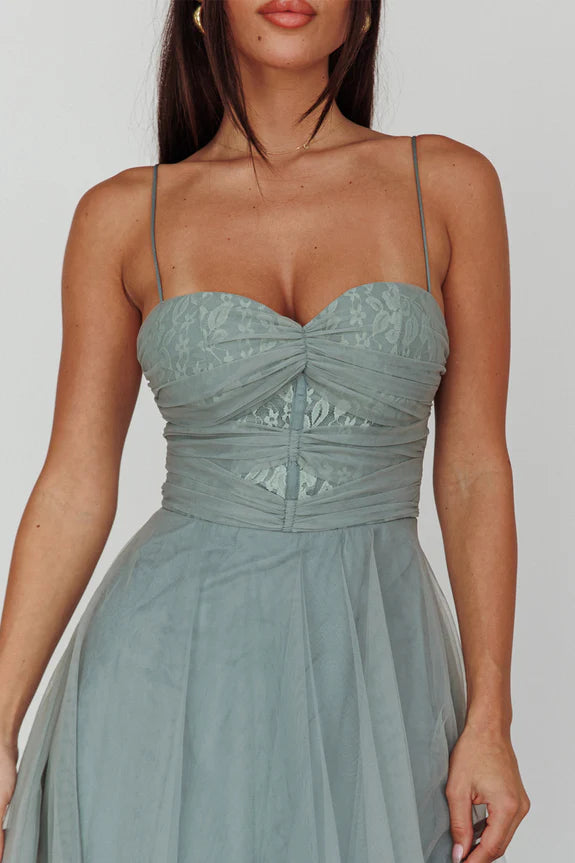 Sweetheart Spaghetti Straps Lace Insert Tulle Sage Midi Evening Dress