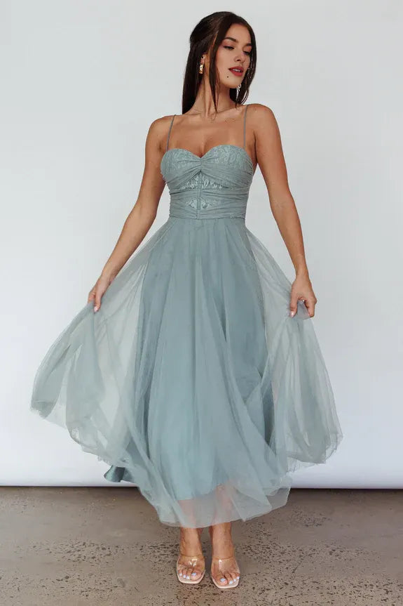 Sweetheart Spaghetti Straps Lace Insert Tulle Sage Midi Evening Dress