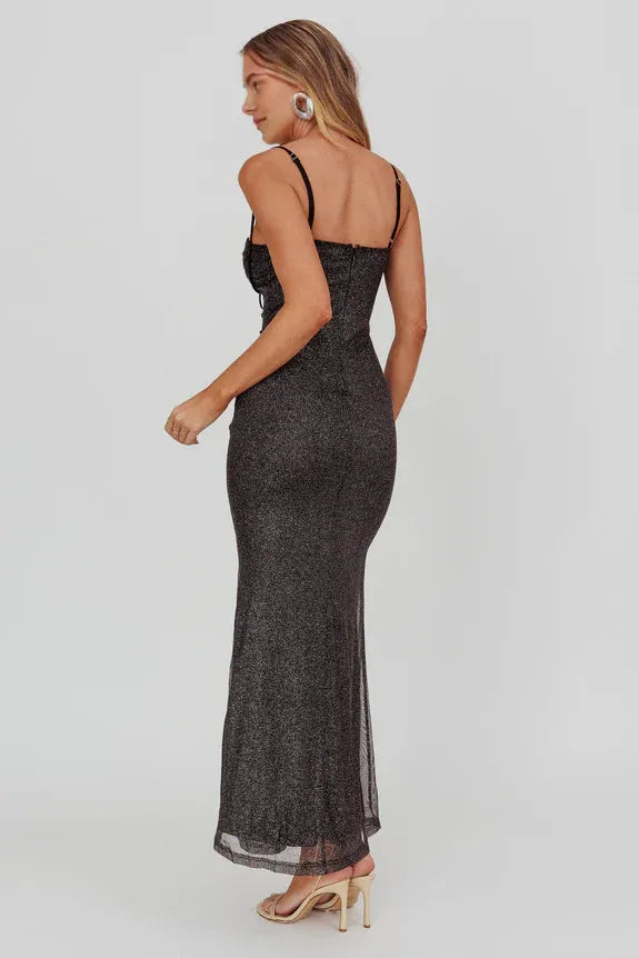 Sweetheart Spaghetti Straps Tie Sparkly Black Maxi Homecoming Dress Prom Dress