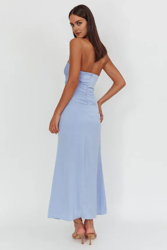 Sweetheart Strapless Ruched Drawstring Slit Blue Maxi Homecoming Dress Prom Dress