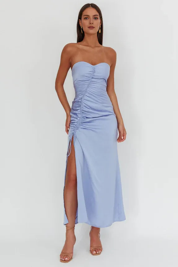 Sweetheart Strapless Ruched Drawstring Slit Blue Maxi Homecoming Dress Prom Dress
