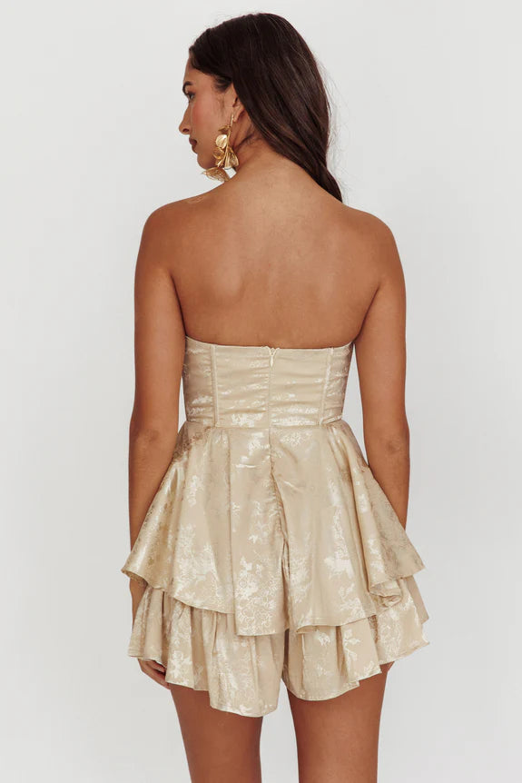 Sweetheart Strapless Ruffle Tiered Gathered Bust Champagne Homecoming Romper