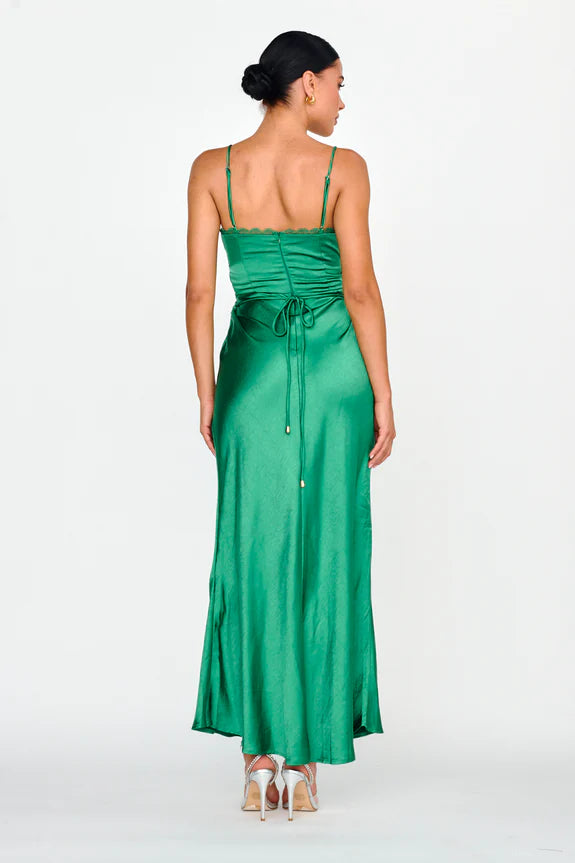 Sweetheart String Tie Waist Lace Trim Satin Forest Green Maxi Evening Dress