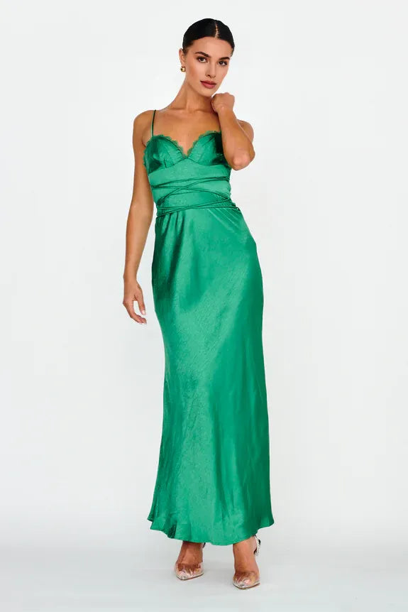 Sweetheart String Tie Waist Lace Trim Satin Forest Green Maxi Evening Dress