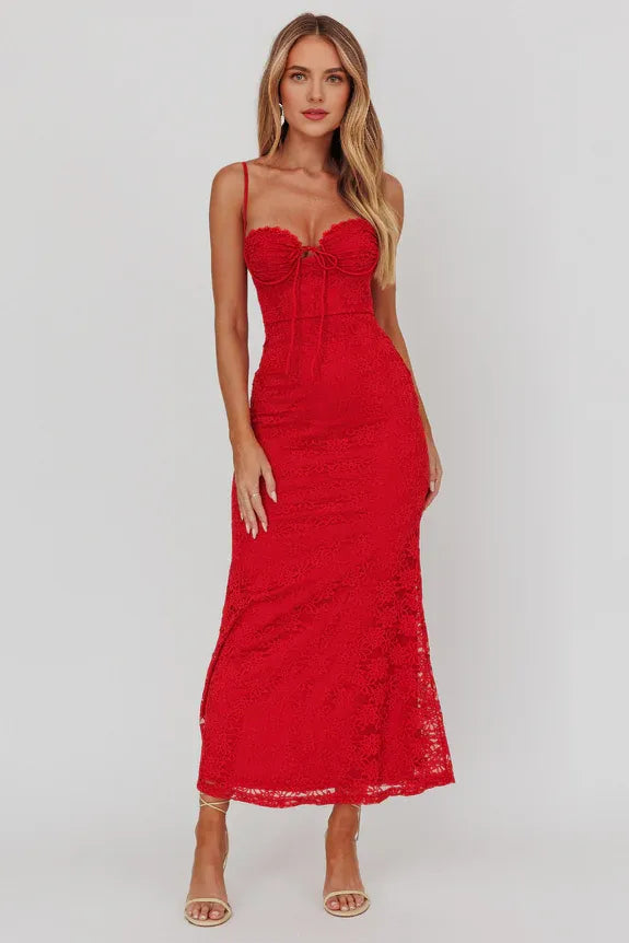 Sweetheart Tied Bust Lace Cherry Maxi Homecoming Dress Prom Dress