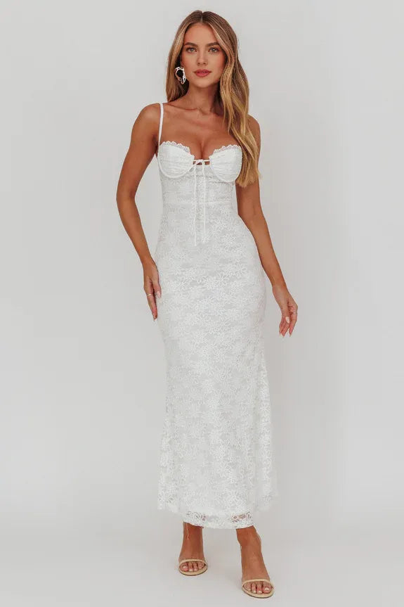 Sweetheart Tied Bust Lace White Maxi Homecoming Dress Prom Dress