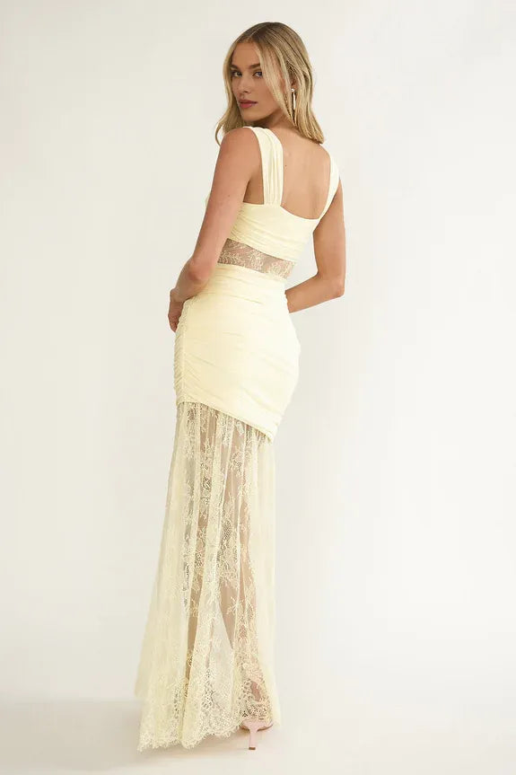 Sweetheart Twist Bust Keyhole Ruching Lace Lilac Maxi Evening Dress