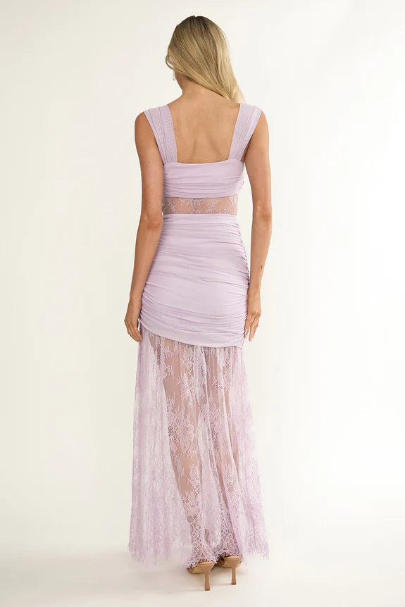 Sweetheart Twist Bust Keyhole Ruching Lace Lilac Maxi Evening Dress