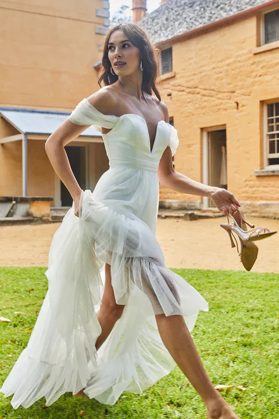 Sweetheart V-neckline Off Shoulder White Maxi Evening Dress For Sale