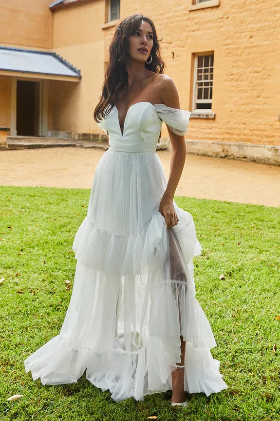 Sweetheart V-neckline Off Shoulder White Maxi Evening Dress For Sale
