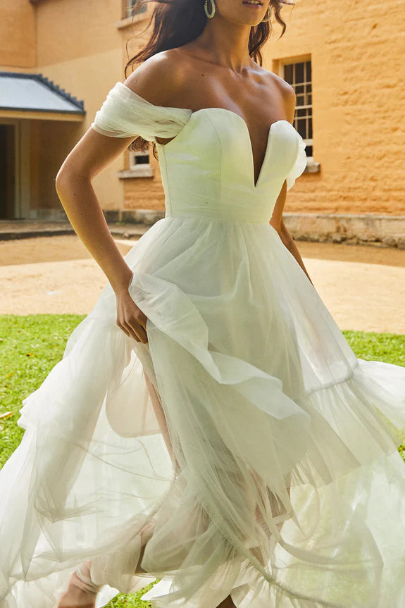 Sweetheart V-neckline Off Shoulder White Maxi Evening Dress For Sale
