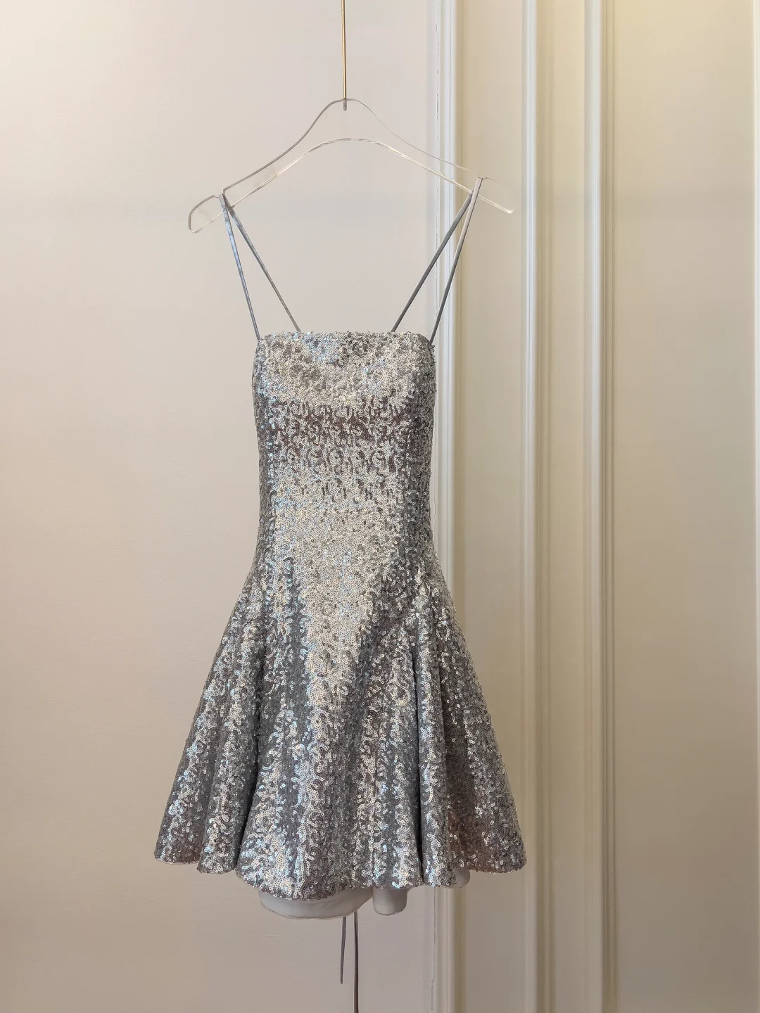 Shiny A Line Spaghetti Strap Silver Sequin Short Open Back Homecoming Dress