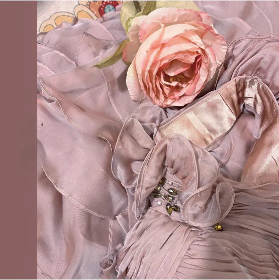 Tender Pink Chiffon Pleated One Shoulder 3D Flower Layered Mermaid Prom Dress Pink  Homecoming Dress