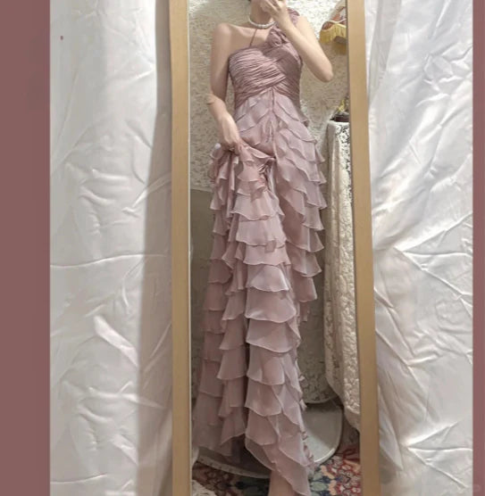 Tender Pink Chiffon Pleated One Shoulder 3D Flower Layered Mermaid Prom Dress Pink  Homecoming Dress
